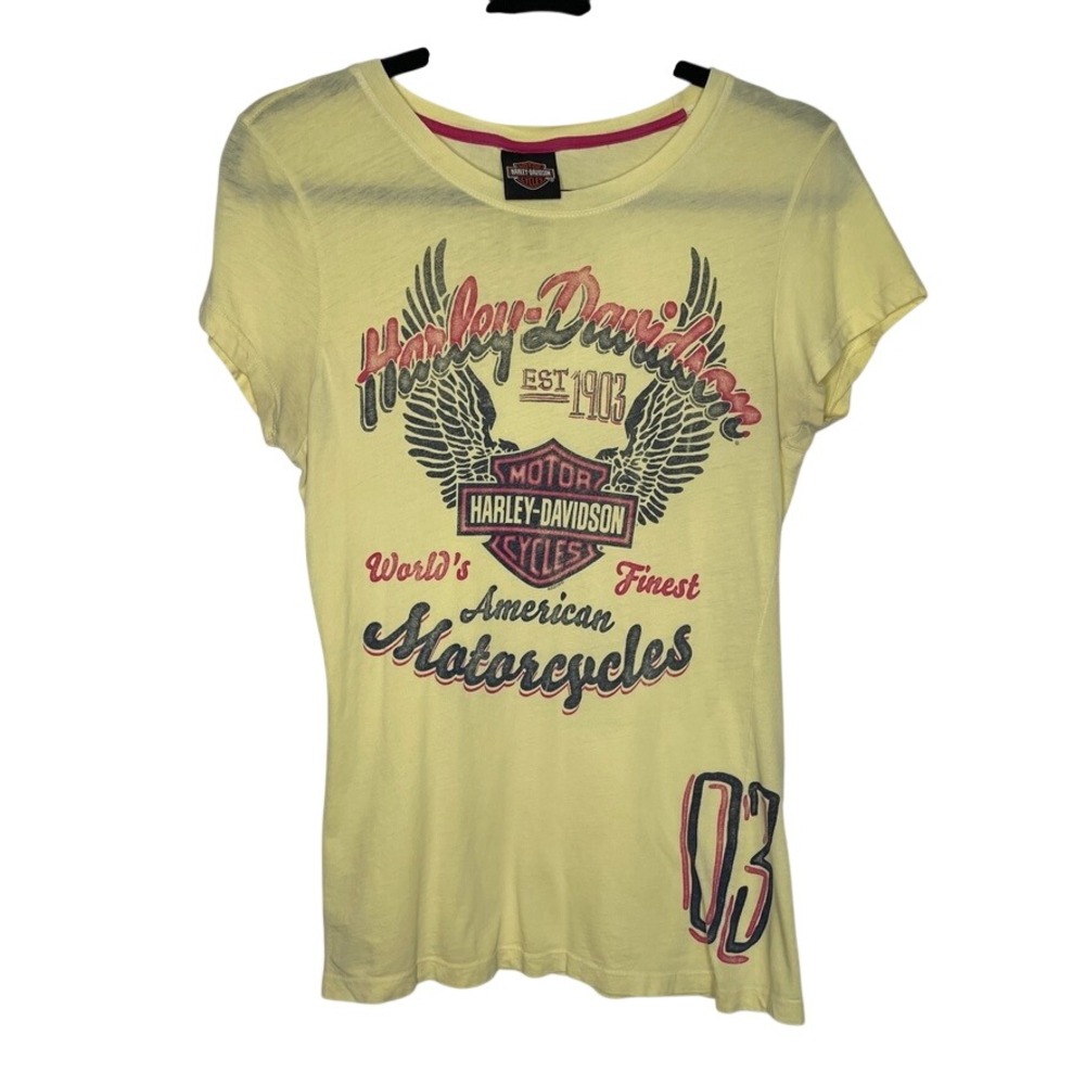 Harley Davidson Graphic Tee Women Sz M Yellow Mile High Denver Colorado 03 Eagle